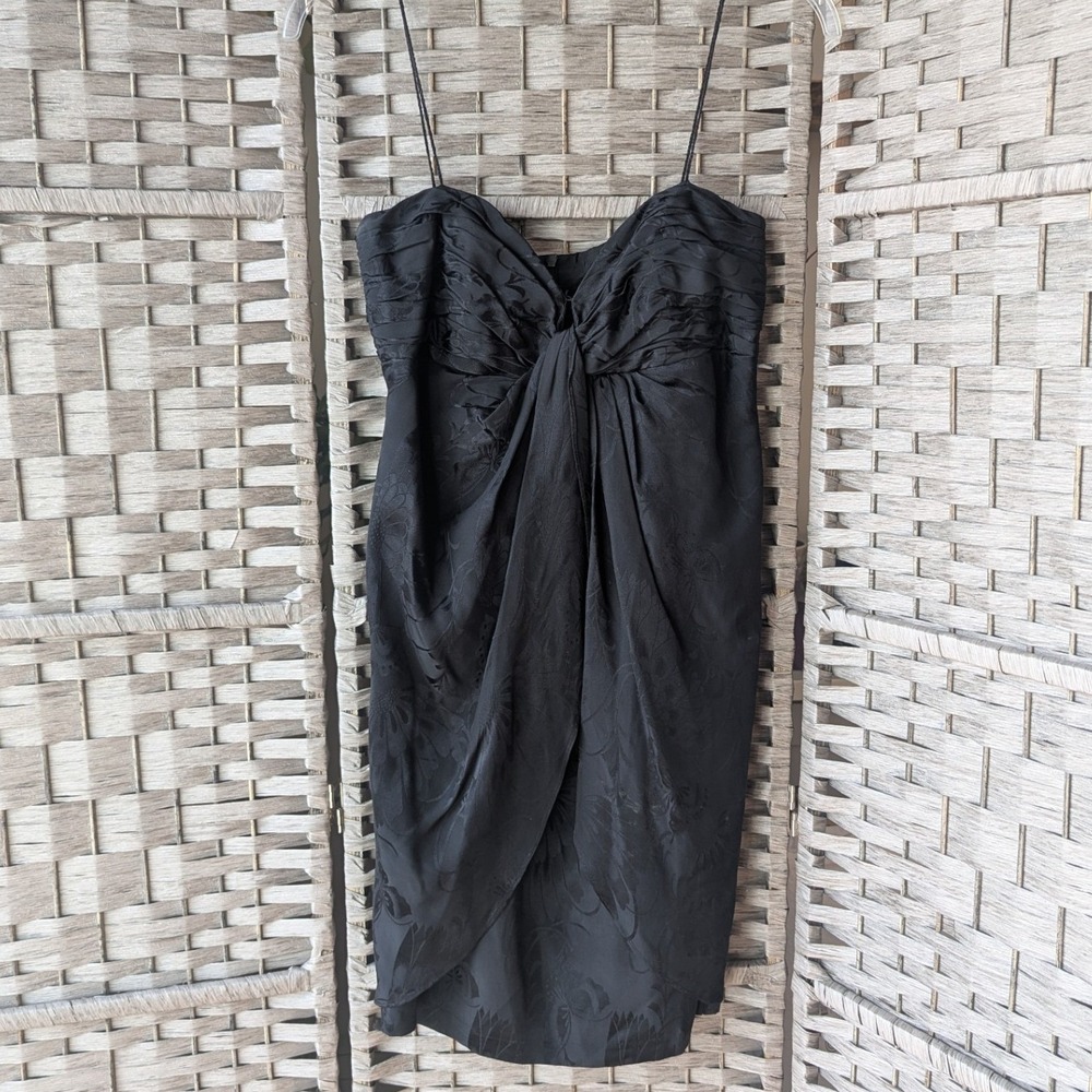 Vtg Foley Cocktail Dress Black Silk Jacquard Tulip Hem Sz S Spaghetti Strap LBD